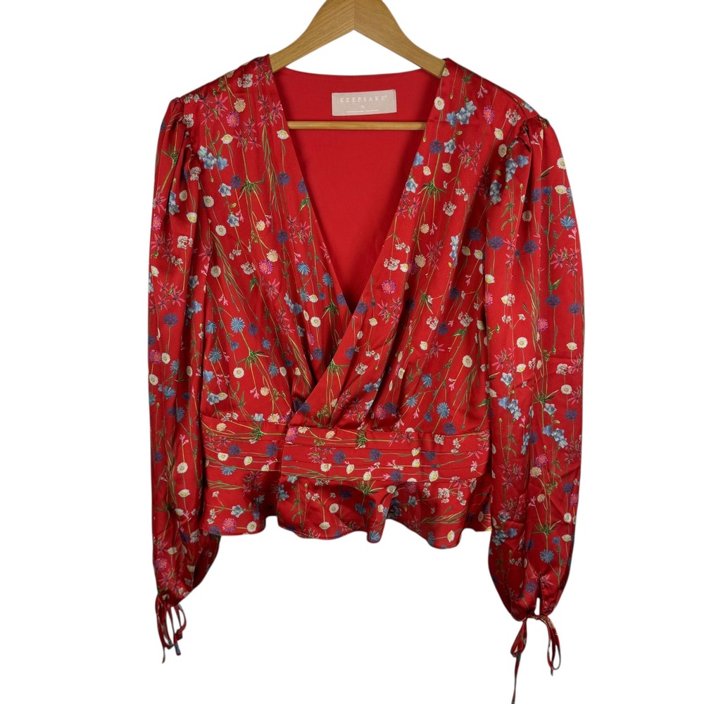 Keepsake‎ Floral Wrap Blouse Size XL Red Long Sleeve Peplum Romantic Feminine